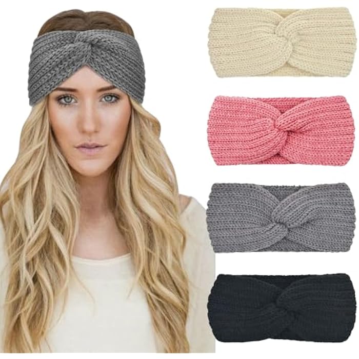 DRESHOW 4 Pack Crochet Knit Turban Headband Warm Bulky Crocheted Head Wrap Headband Ear Warmer for Women - Image 1